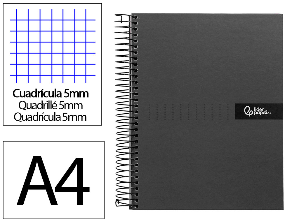 CUADERNO ESPIRAL LIDERPAPEL A4 MICRO CRAFTY TAPA FORRADA 120H 90GR CUADRO 5MM 5 BANDAS 4 COLORES COLOR NEGRO