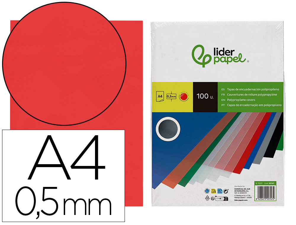 TAPA ENCUADERNACION LIDERPAPEL POLIPROPILENO A4 0.5 MM ROJO TRANSLUCIDO PAQUETE DE 100 UNIDADES