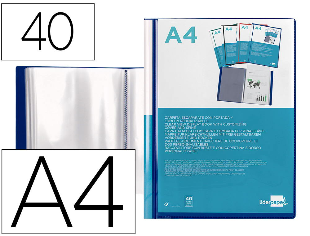 CARPETA LIDERPAPEL PERSONALIZA 40 FUNDAS CANGURO POLIPROPILENO DIN A4 AZUL TRANSLUCIDO PORTADA Y LOMO