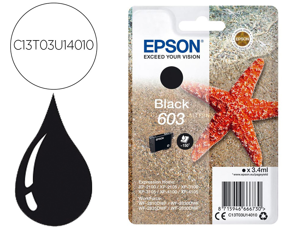 INK-JET EPSON 603 XP-2100 / 2105 / 3100 / 4100 / WF-2810 / 2830 / 2835 / 2850 NEGRO 150 PAGINAS