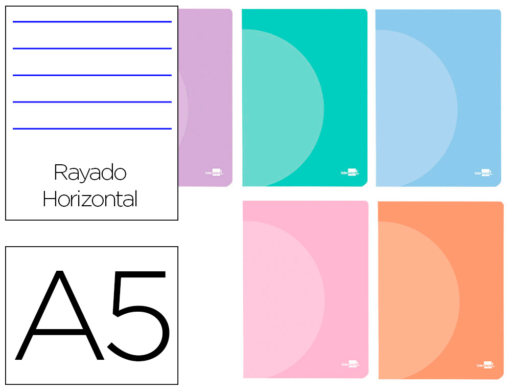 LIBRETA LIDERPAPEL 360 TAPA DE PLASTICO A5 48 HOJAS 90GR HORIZONTAL CON DOBLE MARGEN COLORES PASTEL