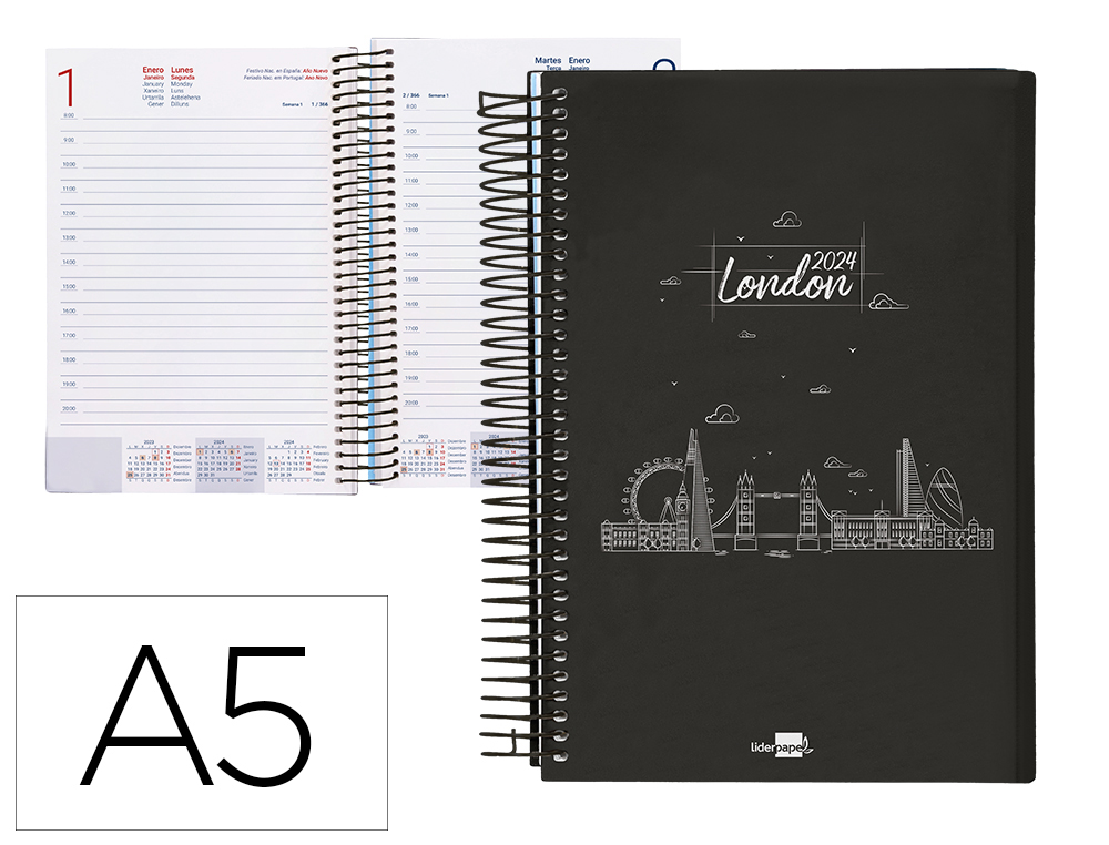 AGENDA ESPIRAL LIDERPAPEL GAZI A5 2024 DIA PAGINA PORTADA POLIPROPILENO PAPEL 70 GR LONDON