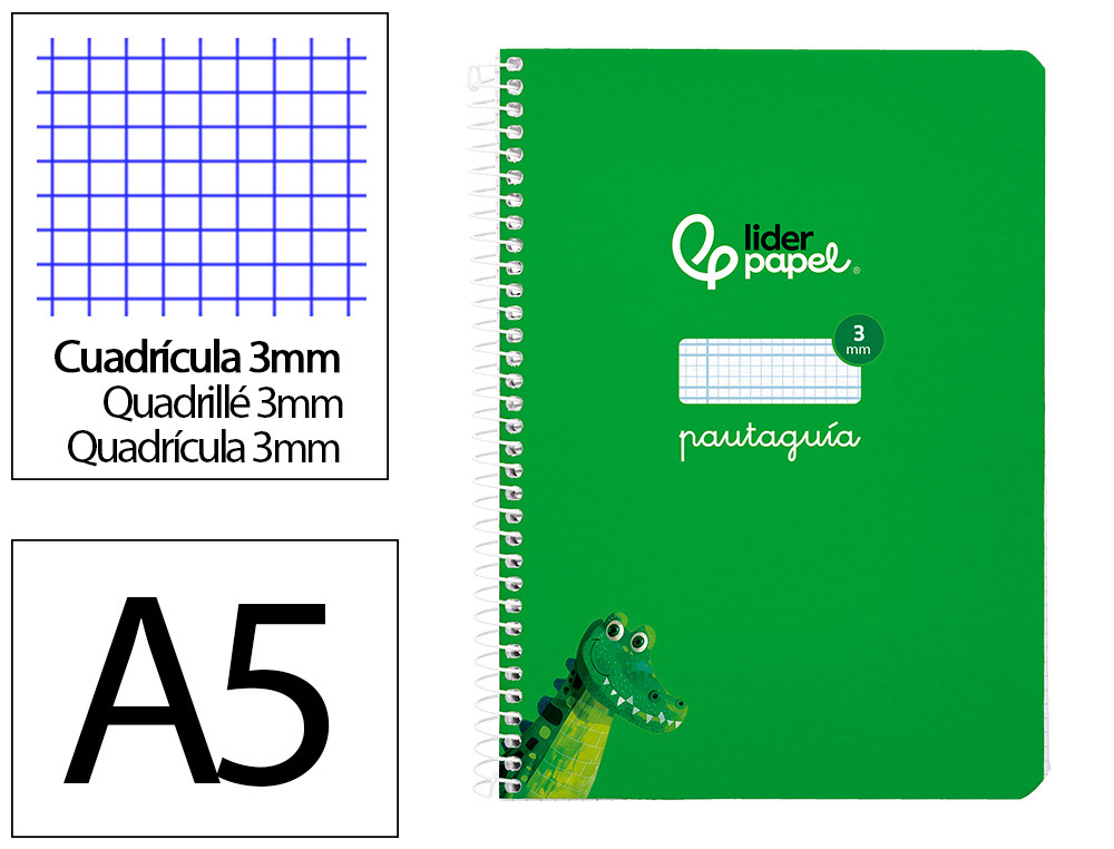 CUADERNO ESPIRAL LIDERPAPEL A5 PAUTAGUIA TAPA BLANDA 40H 75GR CUADRO PAUTADO 3MM COLOR VERDE