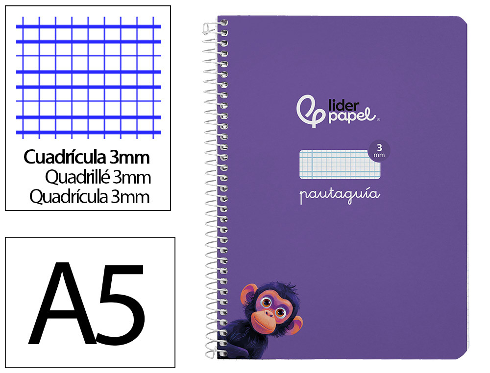 CUADERNO ESPIRAL LIDERPAPEL A5 PAUTAGUIA TAPA DURA 80H 90GR CUADRO PAUTADO 3MM COLOR LILA
