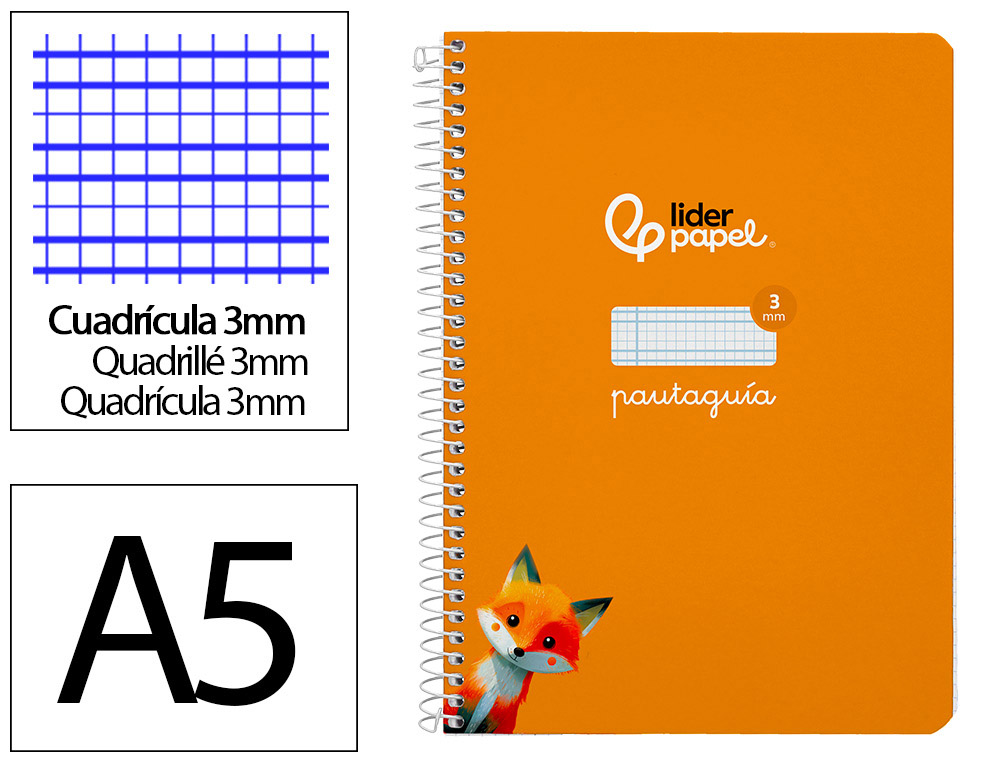 CUADERNO ESPIRAL LIDERPAPEL A5 PAUTAGUIA TAPA DURA 80H 90GR CUADRO PAUTADO 3MM COLOR NARANJA