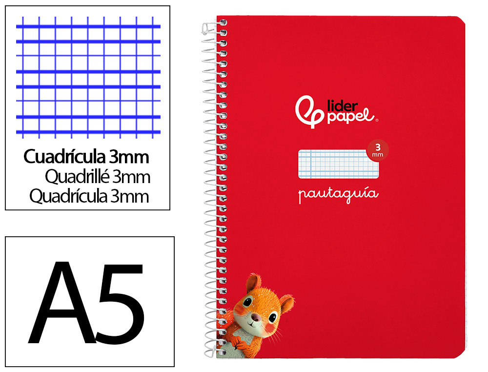 CUADERNO ESPIRAL LIDERPAPEL A5 PAUTAGUIA TAPA DURA 80H 90GR CUADRO PAUTADO 3MM COLOR ROJO
