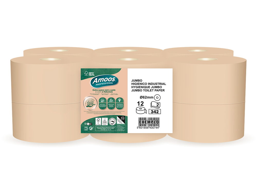 PAPEL HIGIENICO AMOOS NATURALLY JUMBO PROFESSIONAL 2 CAPAS PASTA CRUDA PAQUETE DE 12 ROLLOS 120 M
