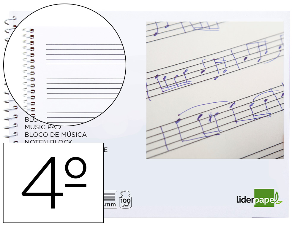 BLOC MUSICA LIDERPAPEL PENTAGRAMA 4MM CUARTO 20 HOJAS 100G/M2