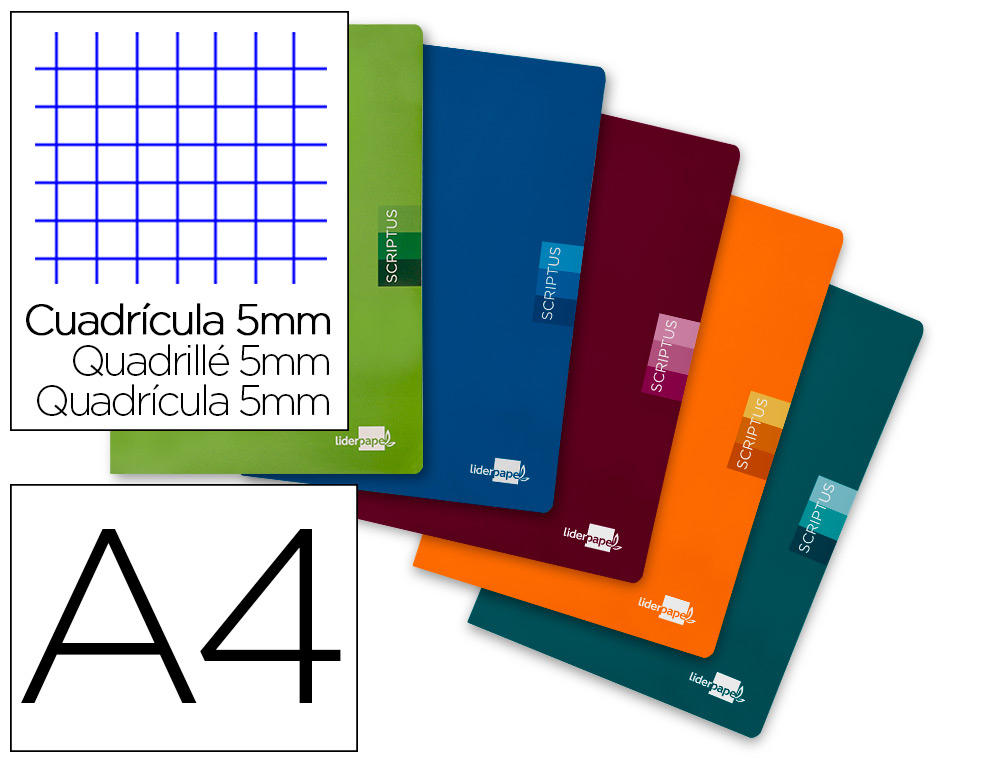 LIBRETA LIDERPAPEL SCRIPTUS A4 48 HOJAS 90GR CUADRO 5MM CON MARGEN COLORES SURTIDOS