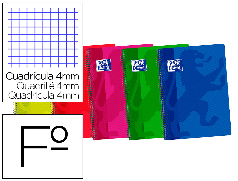 BLOC ESPIRAL OXFORD TAPA PLASTICO OPTIK PAPER FOLIO 80 HOJAS 90 GR CUADROS 4 MM