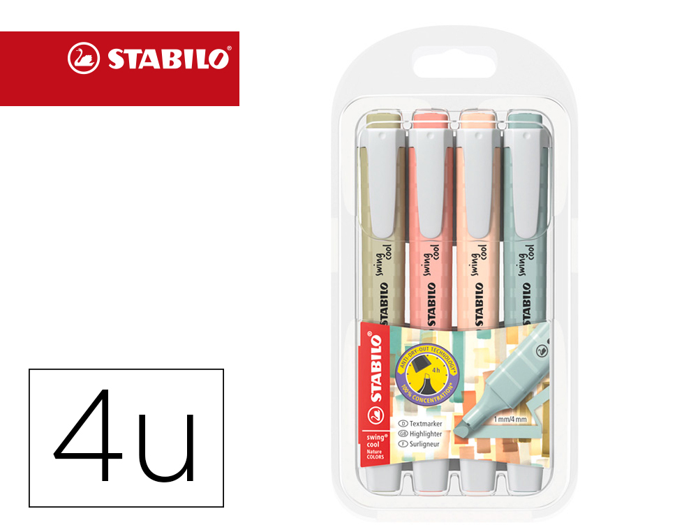 ROTULADOR STABILO FLUORESCENTE SWING COOL NATURE COLORS ESTUCHE DE 4 UNIDADES COLORES SURTIDOS