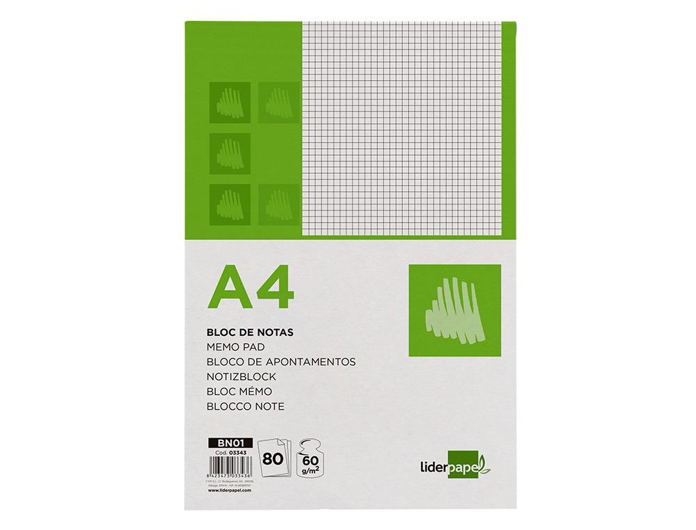 BLOC NOTAS LIDERPAPEL CUADRO 4MM A4 80 HOJAS 60G/M2