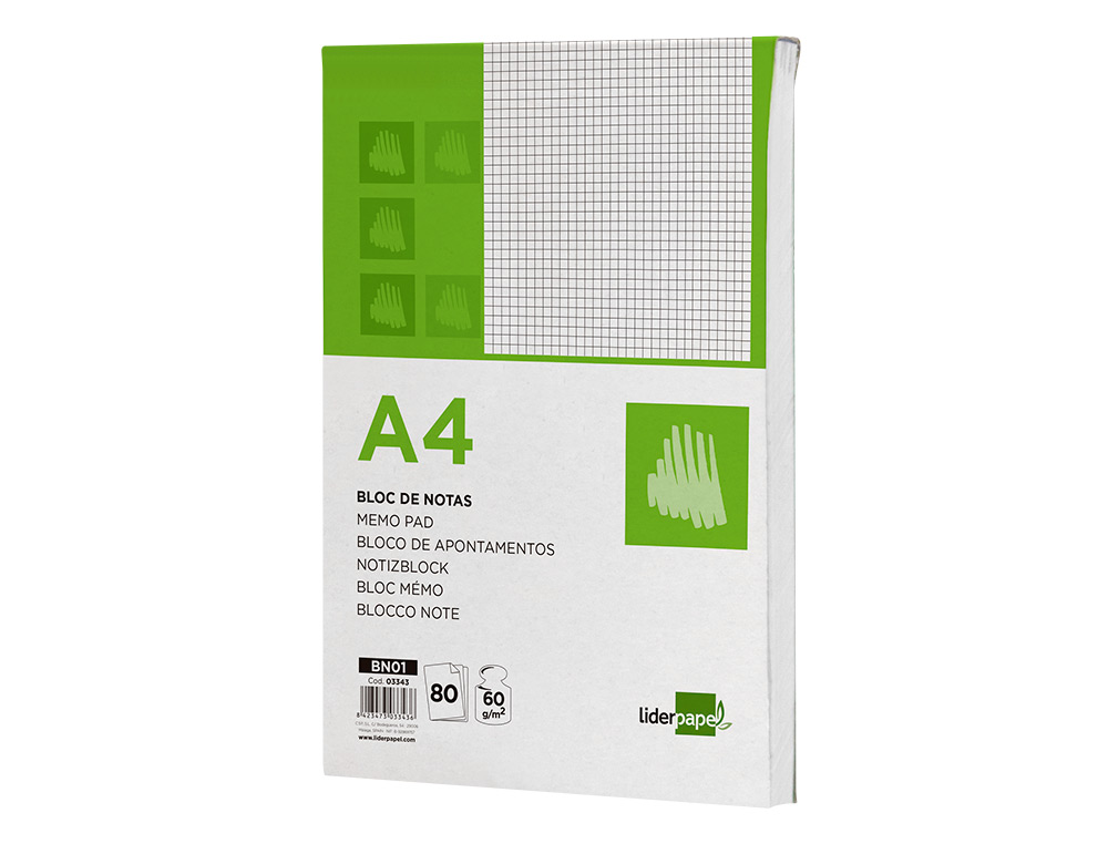 BLOC NOTAS LIDERPAPEL CUADRO 4MM A4 80 HOJAS 60G/M2
