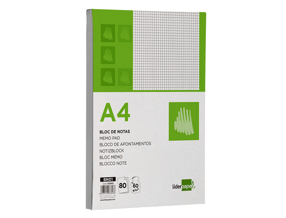 BLOC NOTAS LIDERPAPEL CUADRO 4MM A4 80 HOJAS 60G/M2