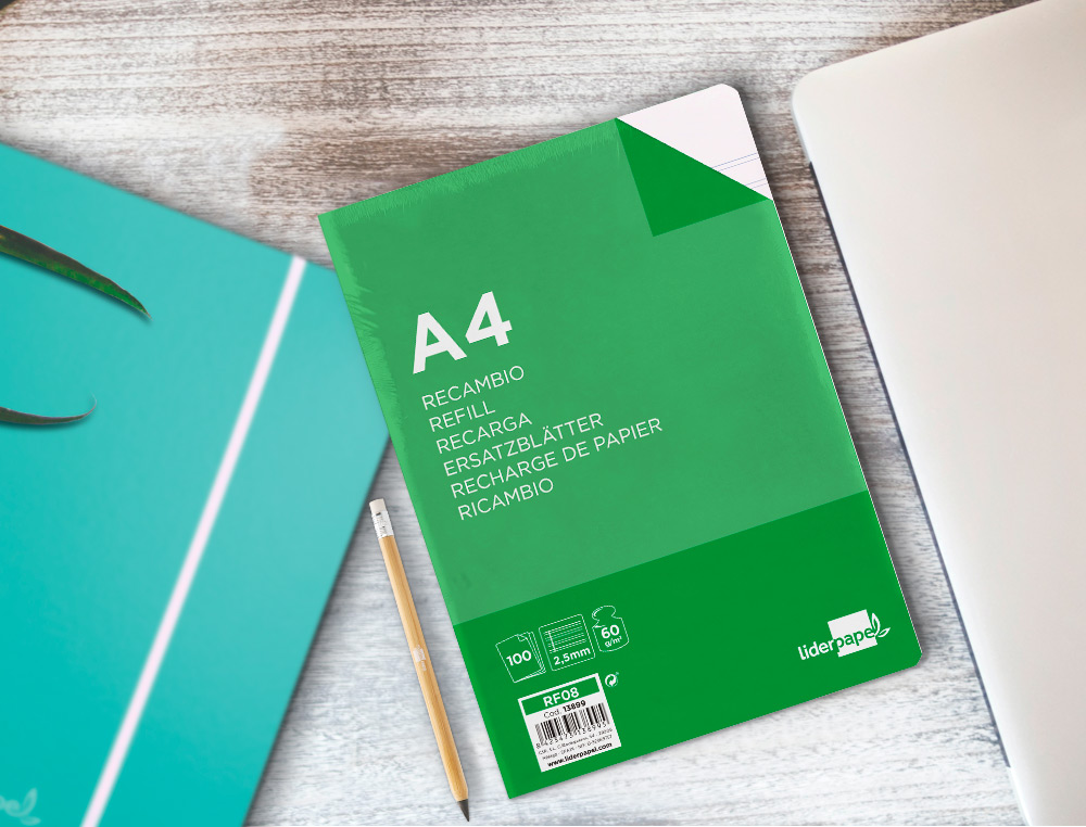 RECAMBIO LIDERPAPEL A4 100 HOJAS 60GR PAUTA 5 2.5MM CON MARGEN 4 TALADROS