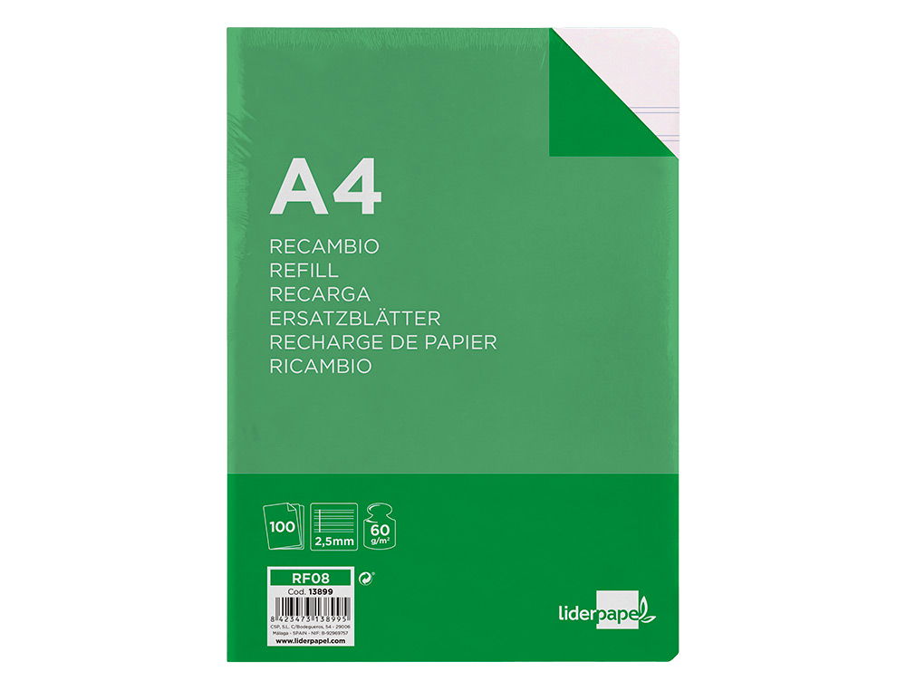 RECAMBIO LIDERPAPEL A4 100 HOJAS 60GR PAUTA 5 2.5MM CON MARGEN 4 TALADROS