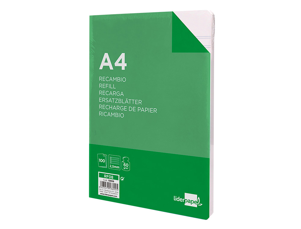 RECAMBIO LIDERPAPEL A4 100 HOJAS 60GR PAUTA 5 2.5MM CON MARGEN 4 TALADROS