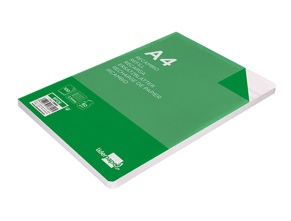 RECAMBIO LIDERPAPEL A4 100 HOJAS 60GR PAUTA 5 2.5MM CON MARGEN 4 TALADROS