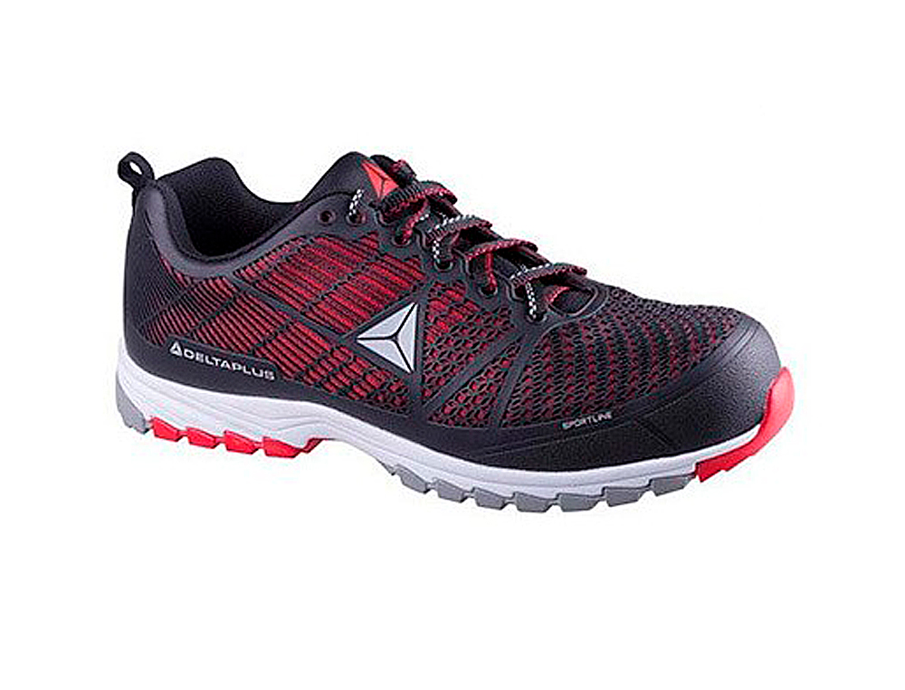 ZAPATOS DE SEGURIDAD DELTAPLUS DE POLIURETANO Y MALLA AIREADA S1P NEGRO Y ROJO TALLA 46