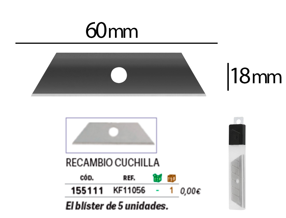 REPUESTO CUTER Q-CONNECT ANCHO PARA MODELO KF14624 CUCHILLA 18 MM BLISTER 5 UNIDADES