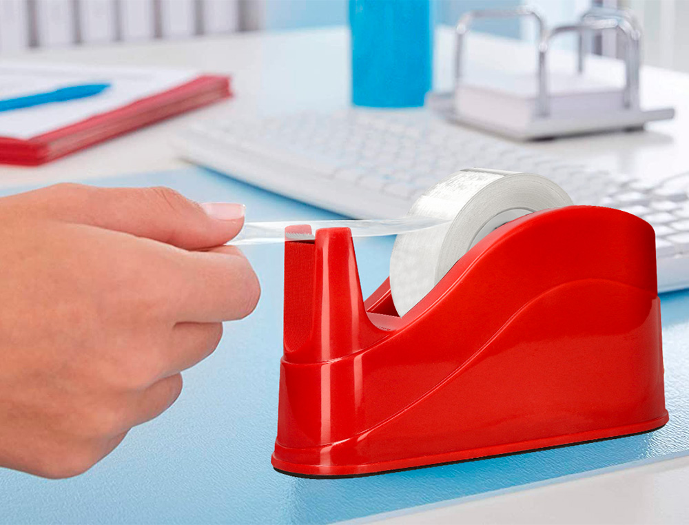 PORTARROLLO SOBREMESA Q-CONNECT PLASTICO PARA CINTAS DE 66 MT COLOR ROJO 220X100X70 MM