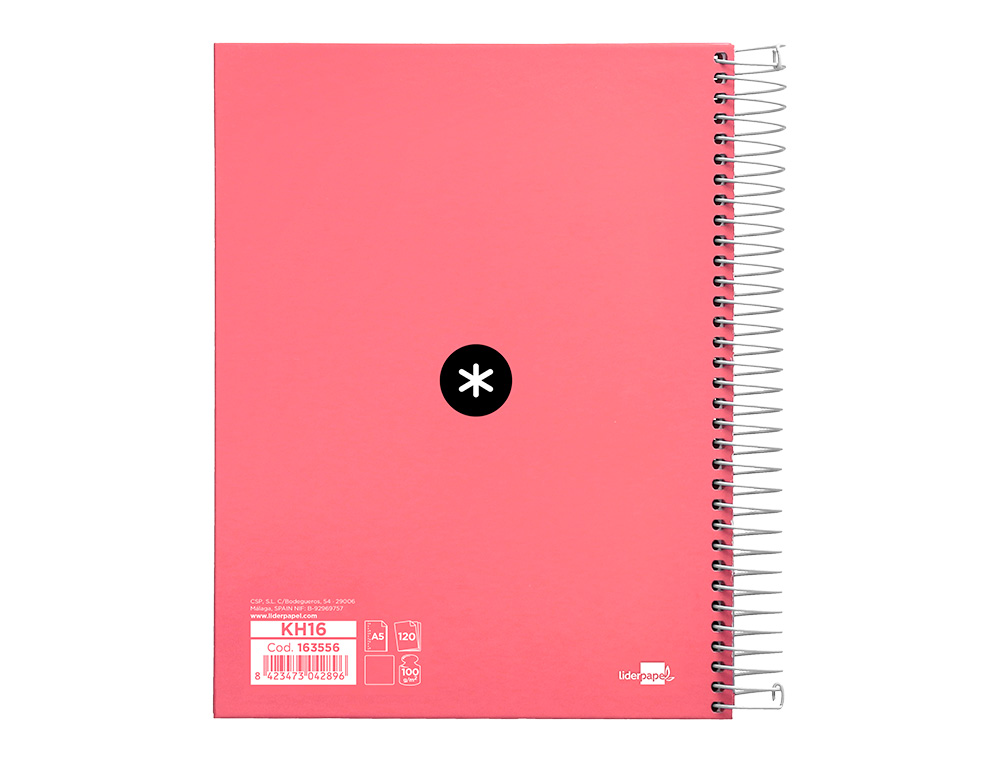 CUADERNO ESPIRAL A5 MICRO ANTARTIK TAPA FORRADA120H 90 GR LISO 5 BANDAS 6 TALADROS COLOR CORAL