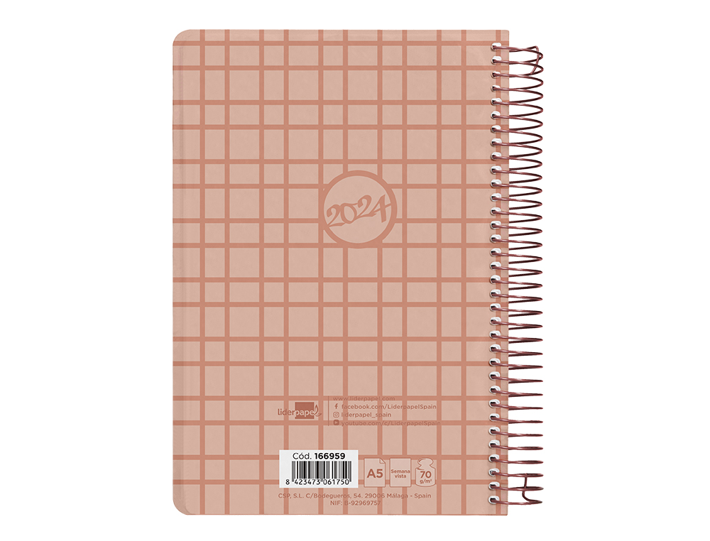 AGENDA ESPIRAL LIDERPAPEL CLASSIC A5 2024 SEMANA VISTA PORTADA POLIPROPILENO PAPEL 70 GR COLOR CORAL