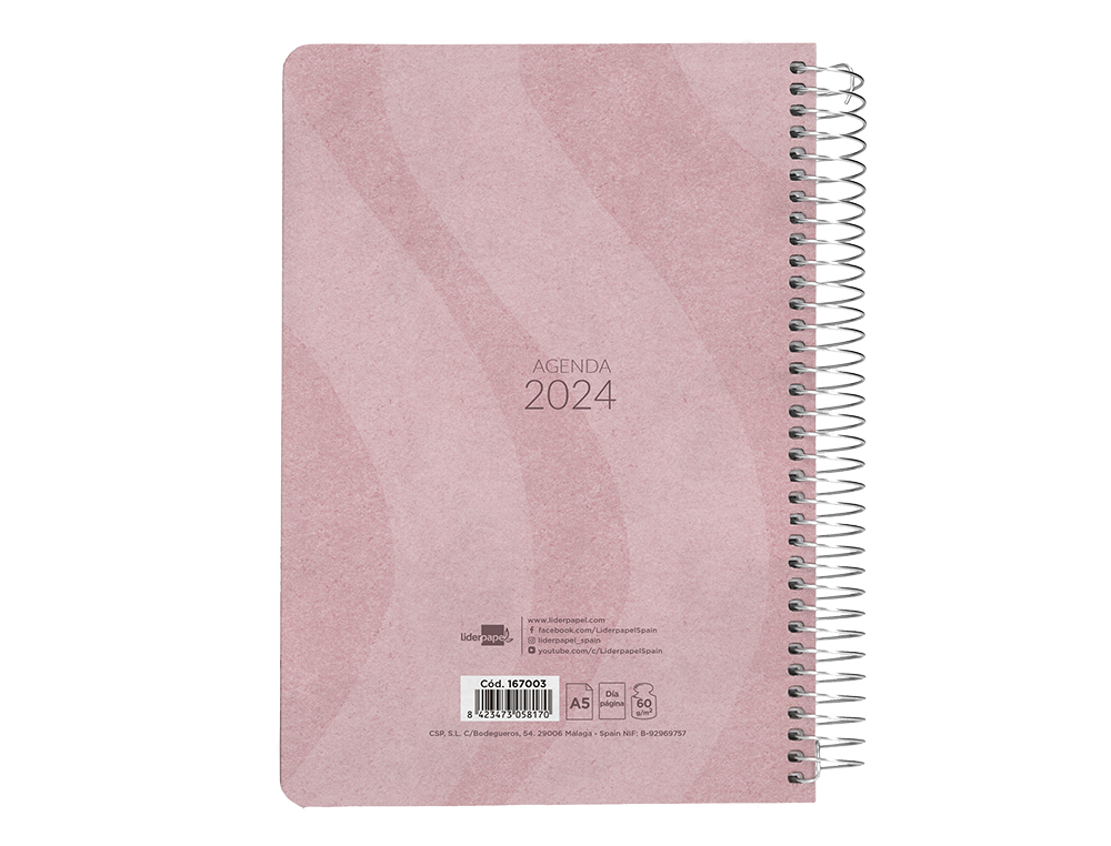 AGENDA ESPIRAL LIDERPAPEL SYROS 15X21 CM 2024 DIA PAGINA SIMPLE ESPIRAL COLOR ROSA PAPEL 60 GR