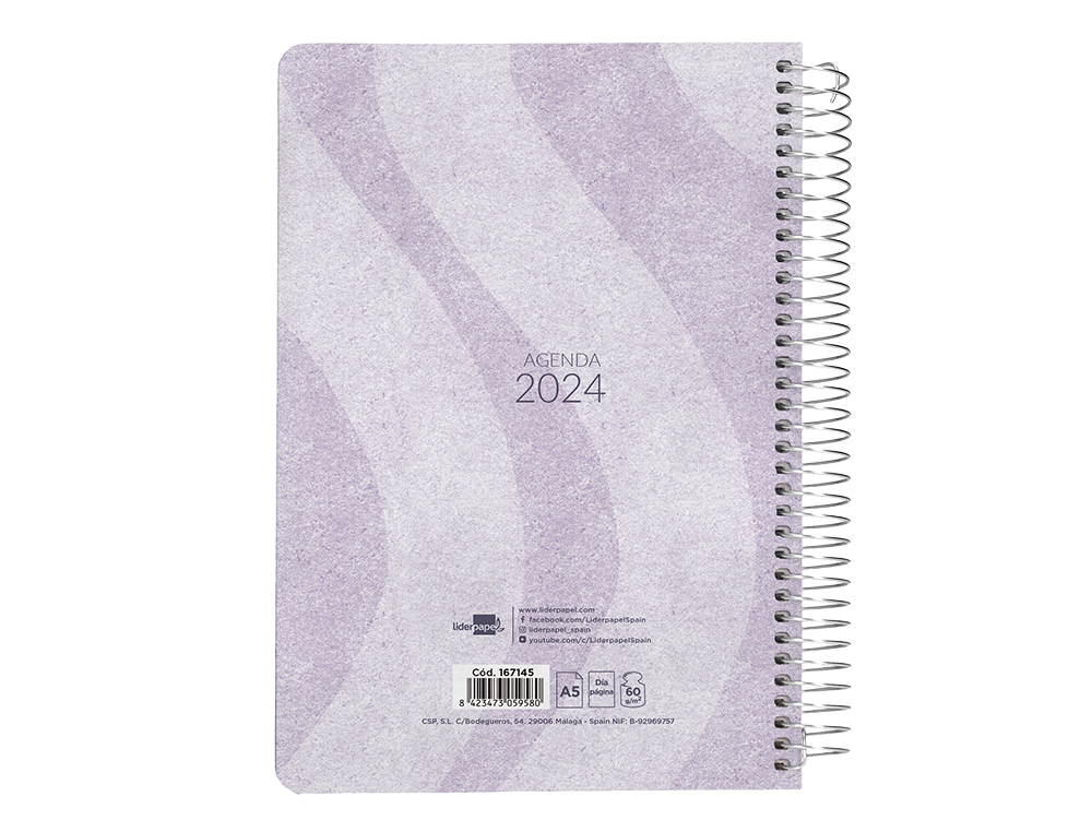 AGENDA ESPIRAL LIDERPAPEL SYROS 15X21 CM 2024 DIA PAGINA SIMPLE ESPIRAL COLOR MALVA PAPEL 60 GR