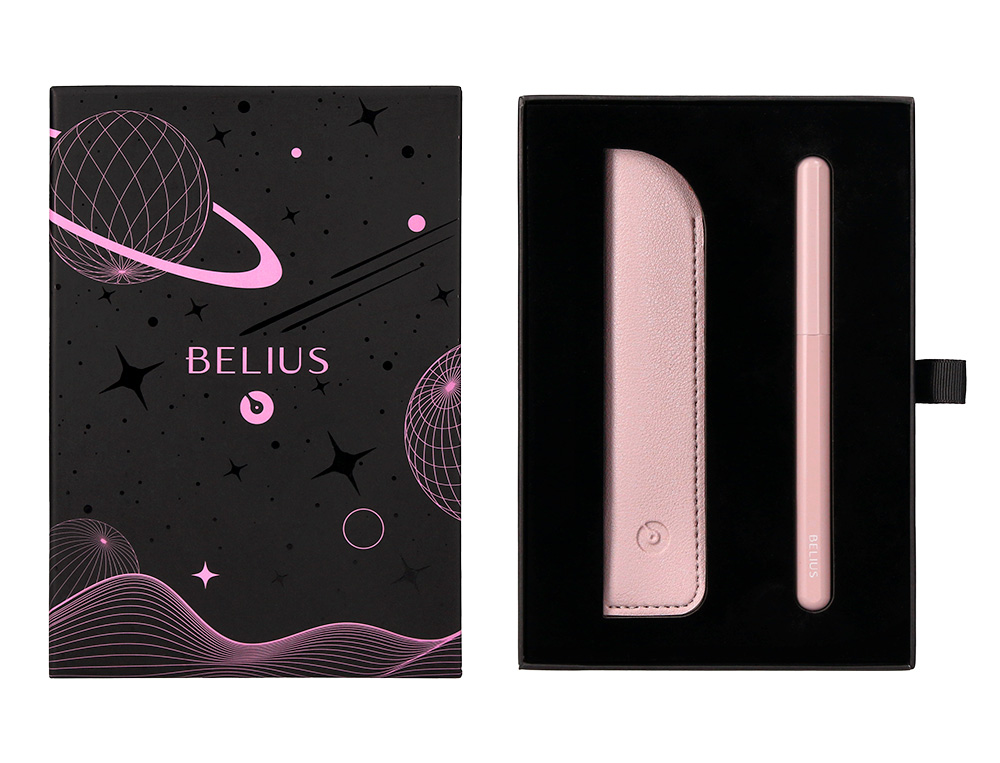 PLUMA Y FUNDA DE SIMILPIEL BELIUS SPACE B COLOR MINIMALISTA ROSA TINTA AZUL CAJA DE DISEÑO