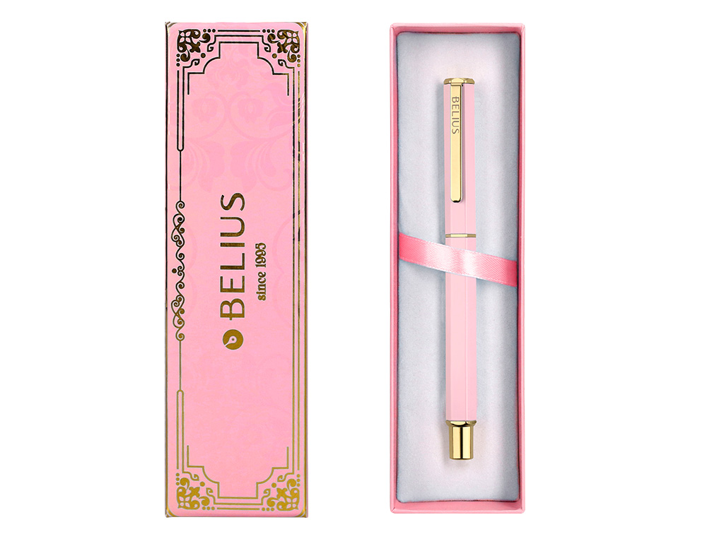 BOLIGRAFO BELIUS MACARON BLISS FORMA HEXAGONAL COLOR ROSA Y DORADO TINTA AZUL CAJA DE DISEÑO