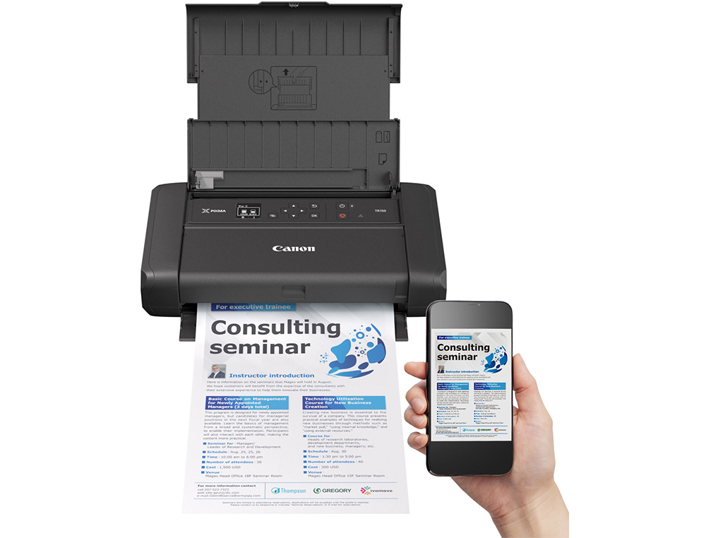 IMPRESORA CANON PIXMA TR150 TINTA COLOR 9 PPM NEGRO/5 PPM COLOR 20X25 CM WIFI BANDEJA ENTRADA 50 HOJAS CON BATERIA