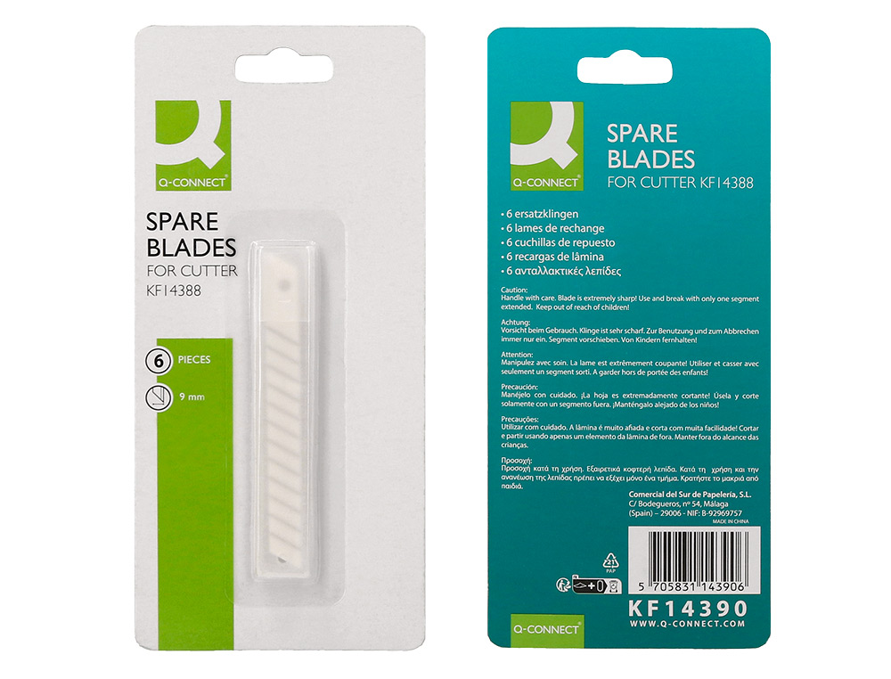 REPUESTO CUTER Q-CONNECT METALICO ESTRECHO PARA MODELO KF14388 CUCHILLA CERAMICA 9 MM BLISTER 6 UNIDADES