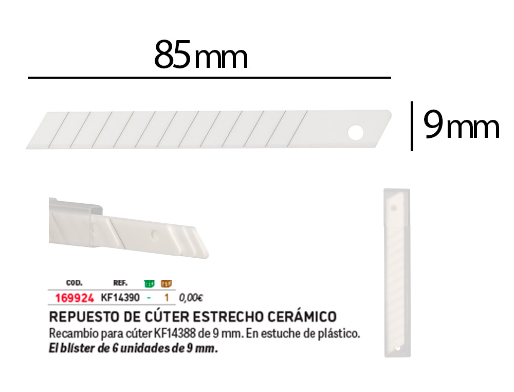 REPUESTO CUTER Q-CONNECT METALICO ESTRECHO PARA MODELO KF14388 CUCHILLA CERAMICA 9 MM BLISTER 6 UNIDADES
