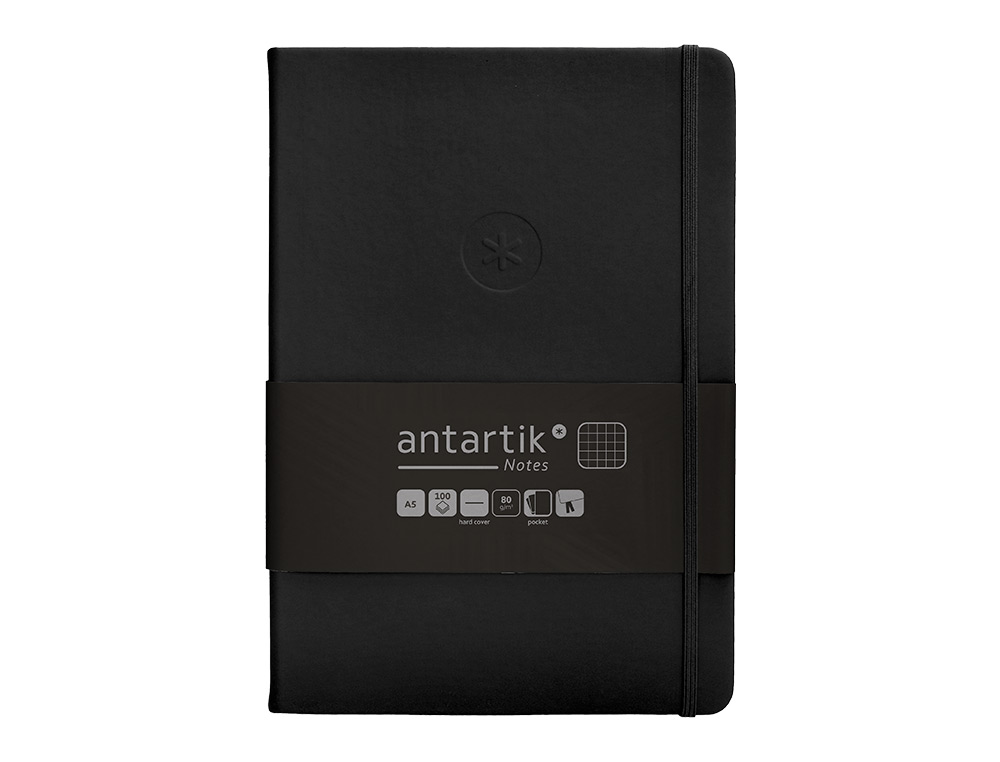 CUADERNO CON GOMILLA ANTARTIK NOTES TAPA DURA A5 HOJAS CUADRICULA NEGRO 100 HOJAS 80 GR FSC
