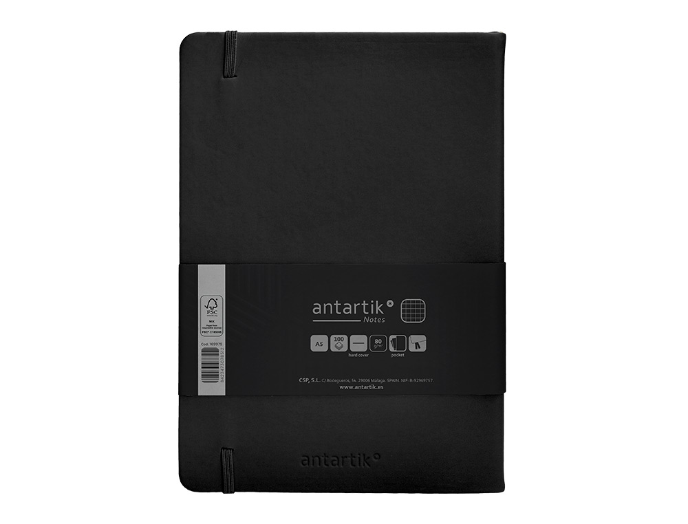 CUADERNO CON GOMILLA ANTARTIK NOTES TAPA DURA A5 HOJAS CUADRICULA NEGRO 100 HOJAS 80 GR FSC