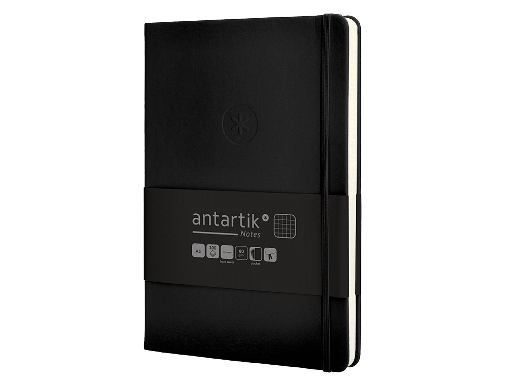 CUADERNO CON GOMILLA ANTARTIK NOTES TAPA DURA A5 HOJAS CUADRICULA NEGRO 100 HOJAS 80 GR FSC
