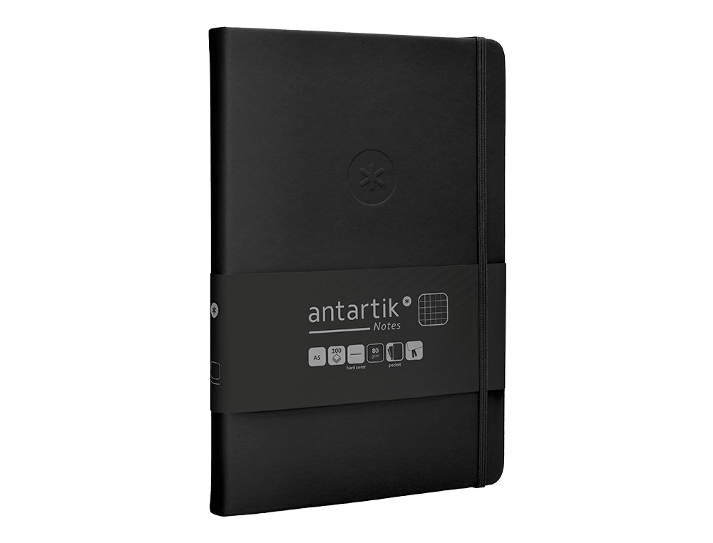 CUADERNO CON GOMILLA ANTARTIK NOTES TAPA DURA A5 HOJAS CUADRICULA NEGRO 100 HOJAS 80 GR FSC