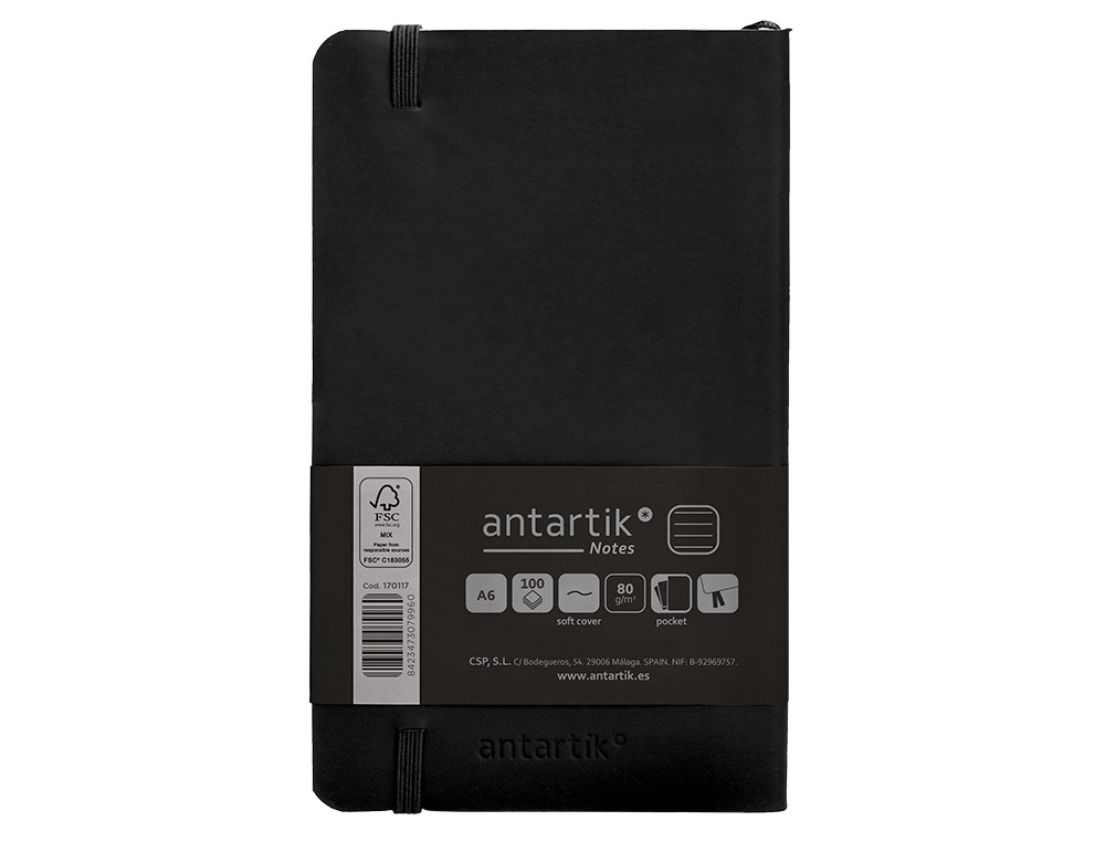 CUADERNO CON GOMILLA ANTARTIK NOTES TAPA BLANDA A6 RAYAS NEGRO 100 HOJAS 80 GR FSC