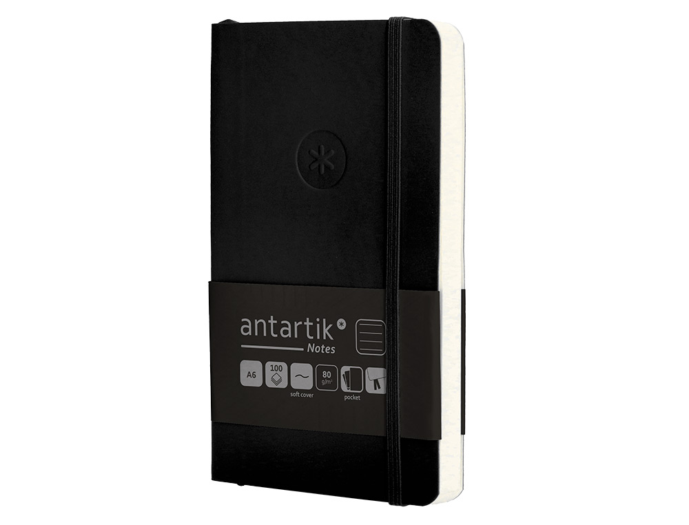 CUADERNO CON GOMILLA ANTARTIK NOTES TAPA BLANDA A6 RAYAS NEGRO 100 HOJAS 80 GR FSC