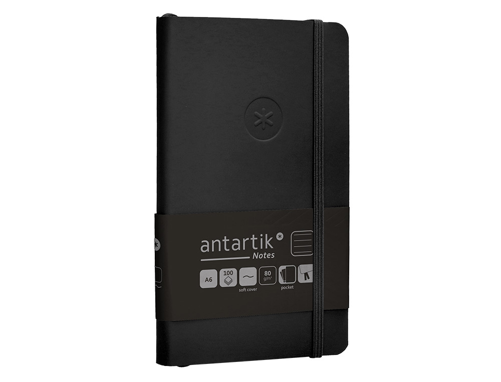 CUADERNO CON GOMILLA ANTARTIK NOTES TAPA BLANDA A6 RAYAS NEGRO 100 HOJAS 80 GR FSC