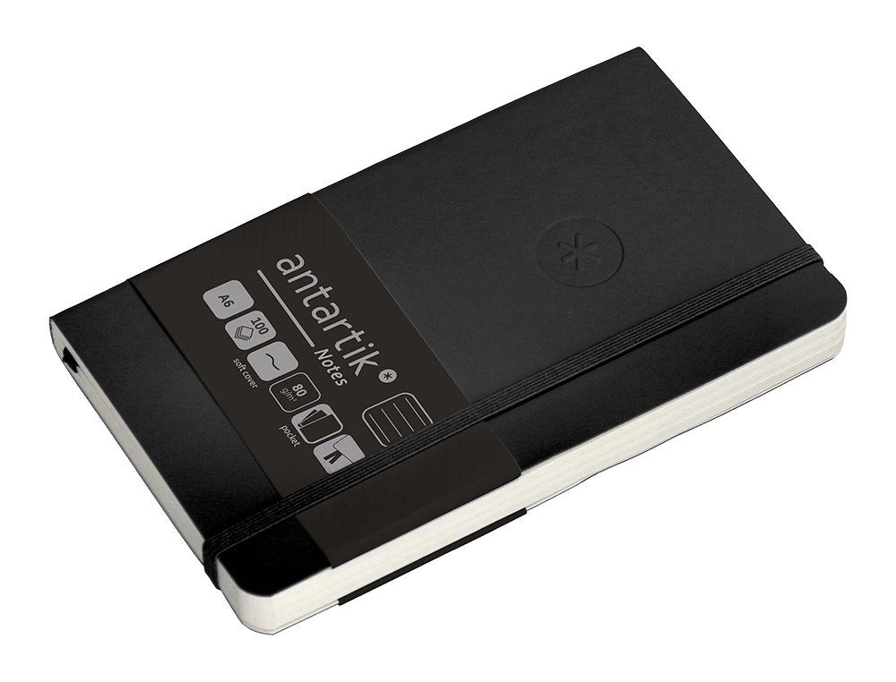 CUADERNO CON GOMILLA ANTARTIK NOTES TAPA BLANDA A6 RAYAS NEGRO 100 HOJAS 80 GR FSC
