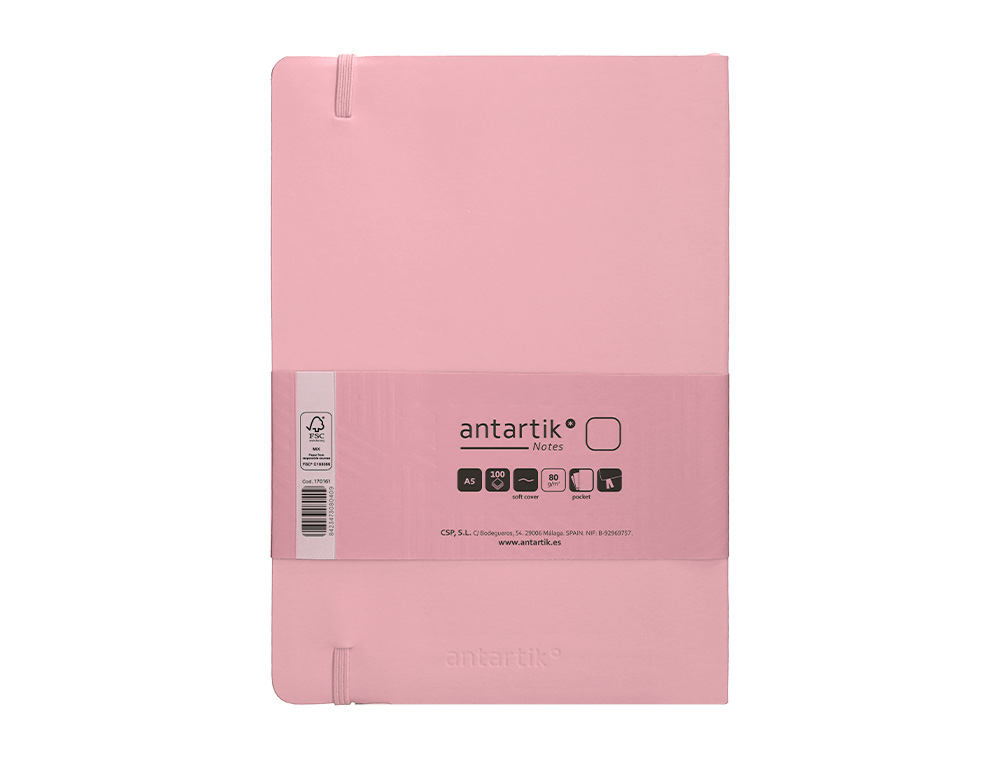 CUADERNO CON GOMILLA ANTARTIK NOTES TAPA BLANDA A5 HOJAS LISAS ROSA PASTEL 80 HOJAS 80 GR FSC