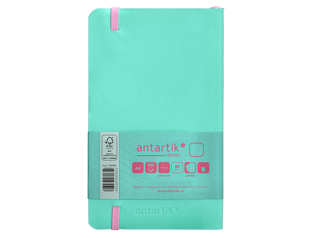 CUADERNO CON GOMILLA ANTARTIK NOTES TAPA BLANDA A6 HOJAS LISAS ROSA Y TURQUESA 100 HOJAS 80 GR FSC