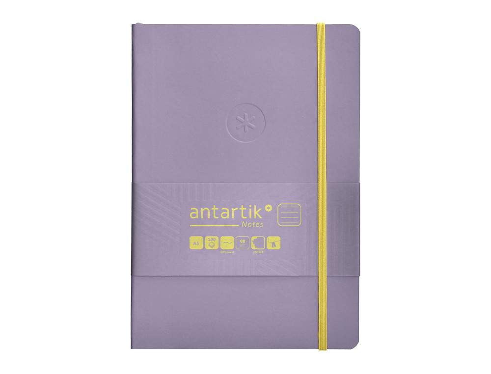 CUADERNO CON GOMILLA ANTARTIK NOTES TAPA BLANDA A5 HOJAS RAYAS MORADO Y AMARILLO 80 HOJAS 80 GR FSC