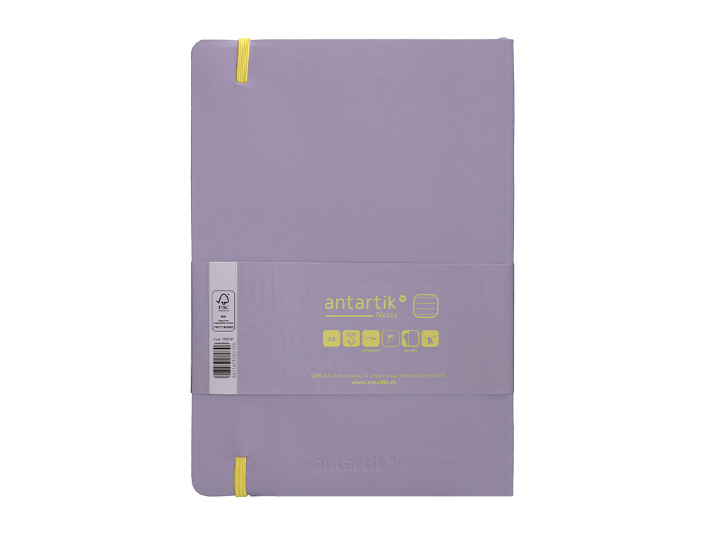 CUADERNO CON GOMILLA ANTARTIK NOTES TAPA BLANDA A5 HOJAS RAYAS MORADO Y AMARILLO 80 HOJAS 80 GR FSC