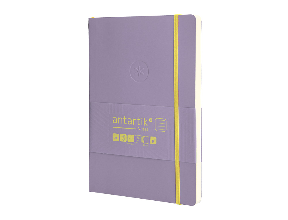 CUADERNO CON GOMILLA ANTARTIK NOTES TAPA BLANDA A5 HOJAS RAYAS MORADO Y AMARILLO 80 HOJAS 80 GR FSC