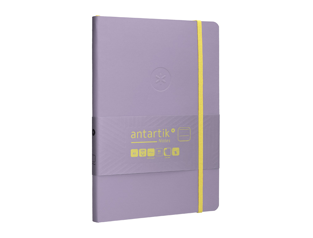 CUADERNO CON GOMILLA ANTARTIK NOTES TAPA BLANDA A5 HOJAS RAYAS MORADO Y AMARILLO 80 HOJAS 80 GR FSC