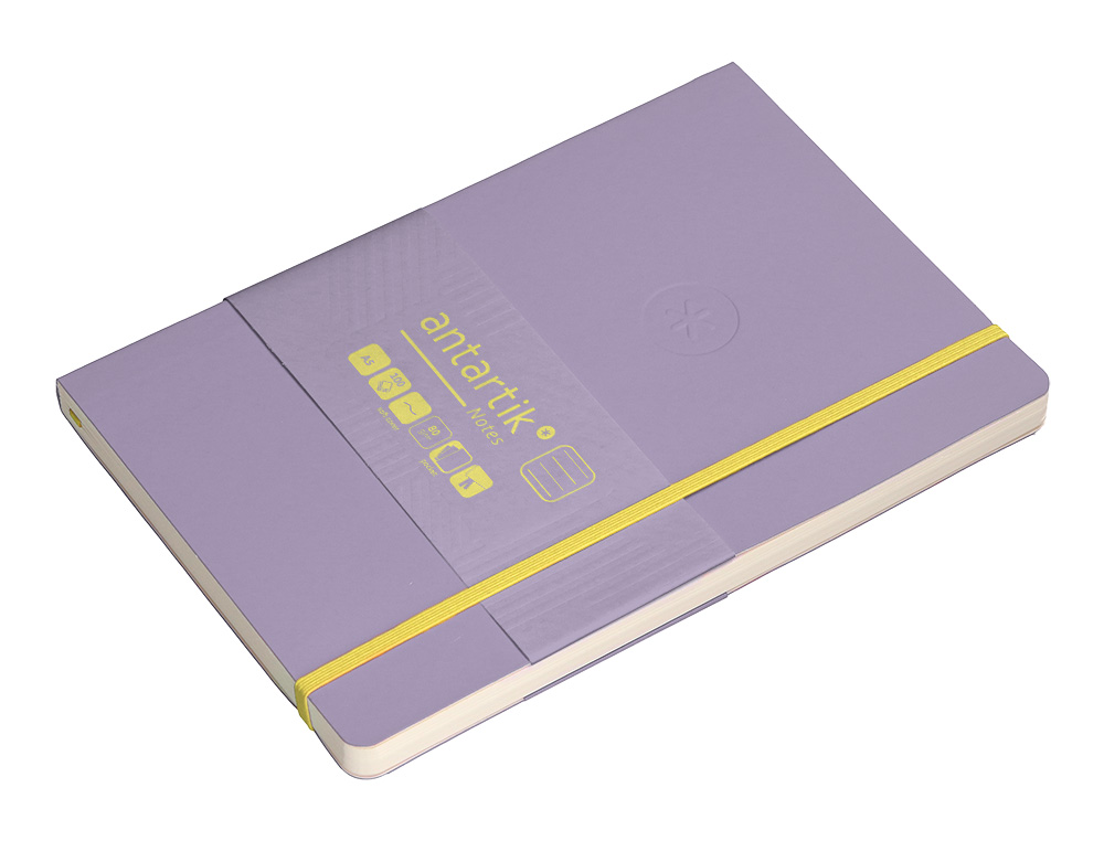 CUADERNO CON GOMILLA ANTARTIK NOTES TAPA BLANDA A5 HOJAS RAYAS MORADO Y AMARILLO 80 HOJAS 80 GR FSC