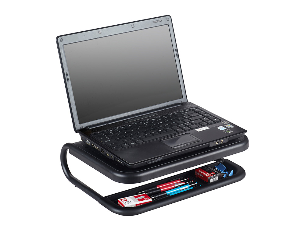 SOPORTE Q-CONNECT PARA PORTATIL Y MONITOR DE PC CON BANDEJA ORGANIZADORA COLOR NEGRO 380X295X110 MM